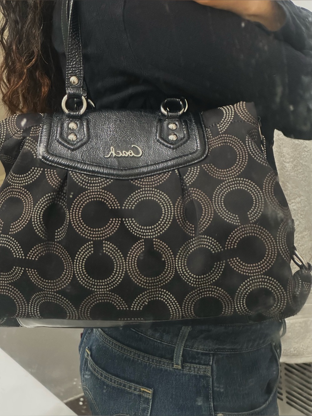 Coach Black Signature Shoulder Bag with Silver Accents